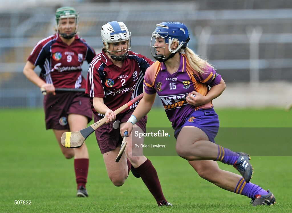 17 April 2011; Katrina Parrock, Wexford, in action against Regina Glynn, Galway. Irish Daily Star Camogie League, Division 1, Final, Galway v Wexford, Semple Stadium, Thurles, Co. Tipperary. Picture credit: Brian Lawless / SPORTSFILE