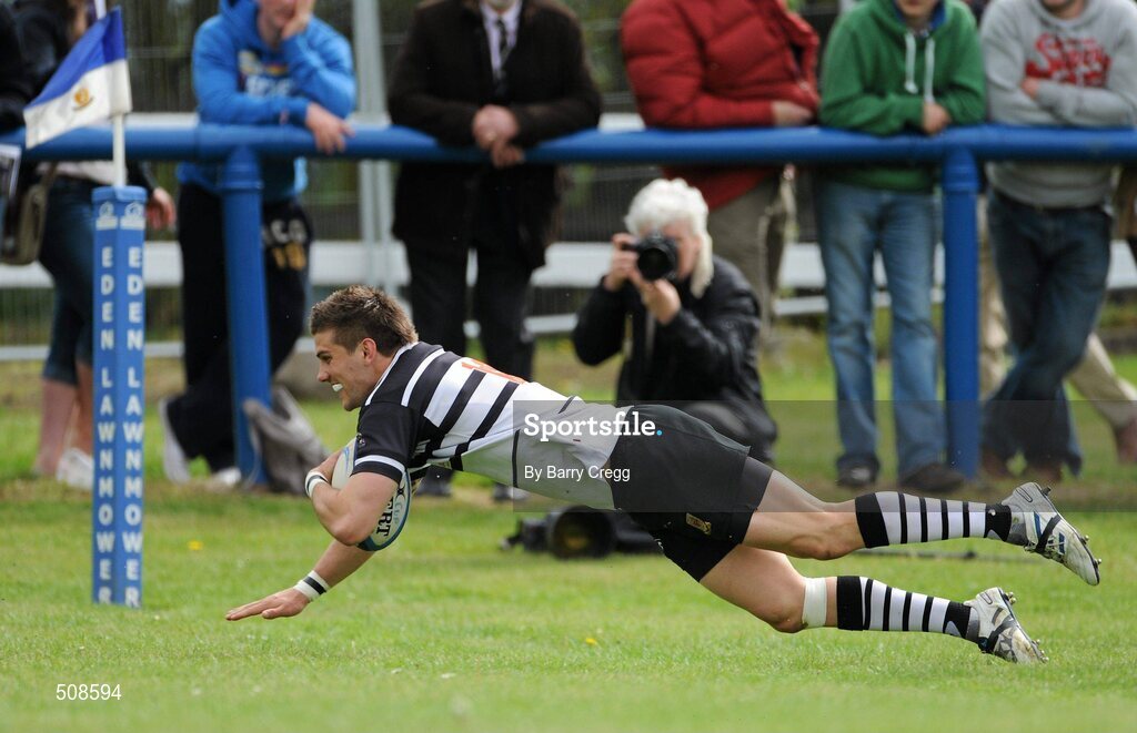 24 April 2011; John Dodd, Dundalk RFC, goes over to score his side's first try. Newstalk Provincial Towns Cup Final, Dundalk RFC v Tullamore RFC, Edenderry RFC, Coolavacoose, Carbury, Co. Kildare. Picture credit: Barry Cregg / SPORTSFILE