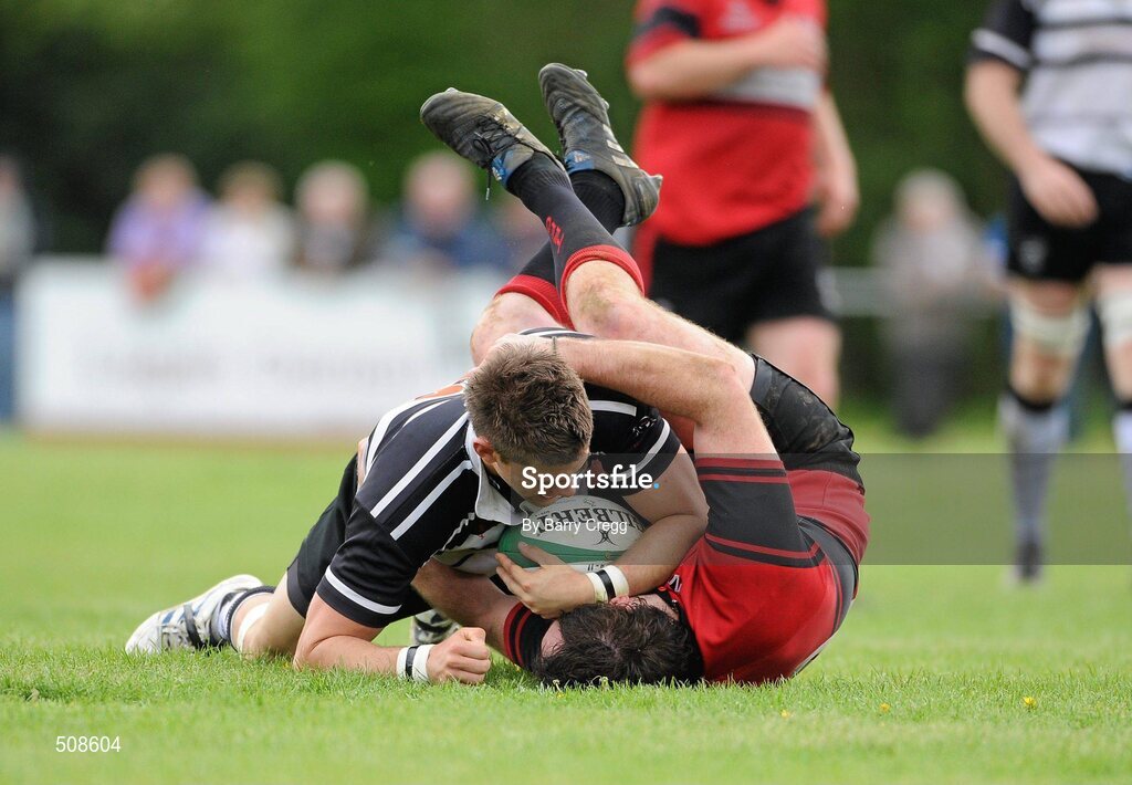 24 April 2011; John Dodd, Dundalk RFC, is tackled by Ivor Scully, Tullamore RFC. Newstalk Provincial Towns Cup Final, Dundalk RFC v Tullamore RFC, Edenderry RFC, Coolavacoose, Carbury, Co. Kildare. Picture credit: Barry Cregg / SPORTSFILE