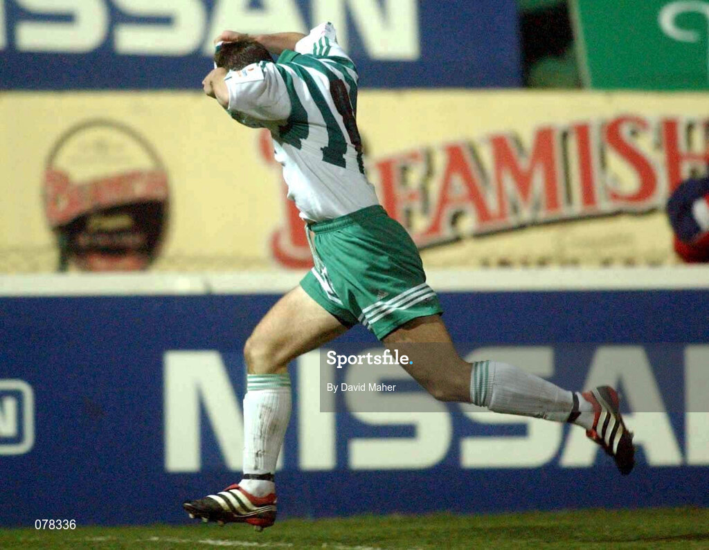 14 December 2001; Philip Keogh of Bray Wanderers celebrates after scoring his side's first goal during the FAI Carlsberg Cup Second Round match between St Patrick's Athletic and Bray Wanderers at Richmond Park in Dublin. Photo by David Maher/Sportsfile
