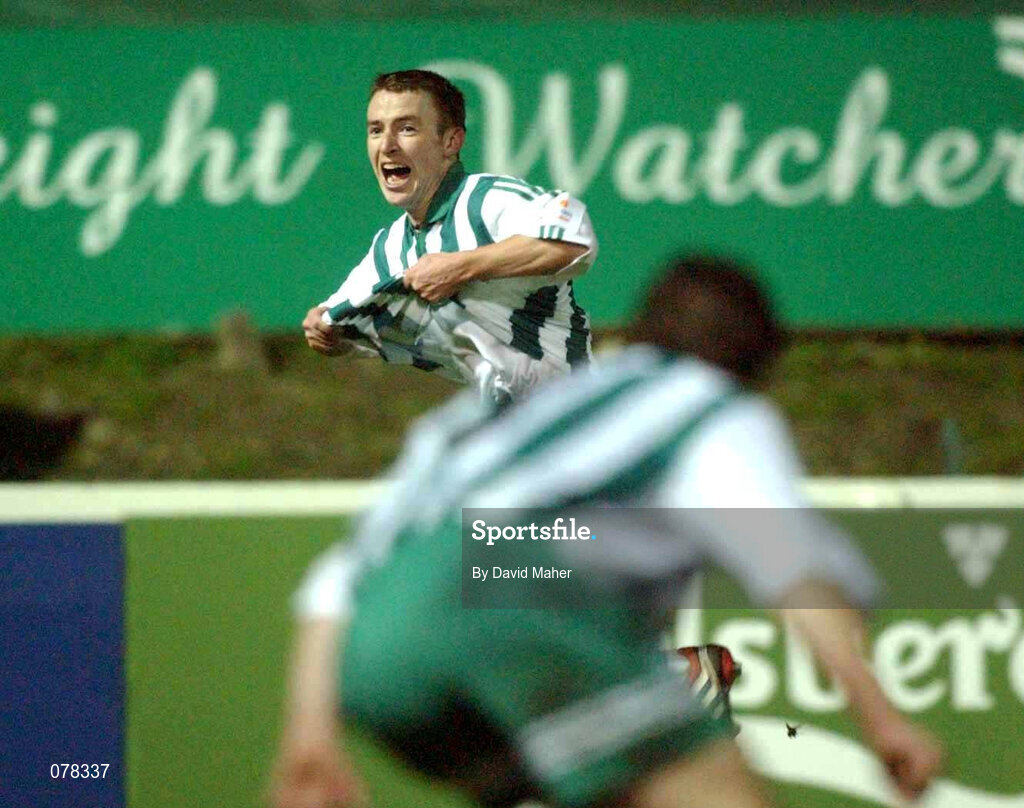 14 December 2001; Philip Keogh of Bray Wanderers celebrates after scoring his side's first goal during the FAI Carlsberg Cup Second Round match between St Patrick's Athletic and Bray Wanderers at Richmond Park in Dublin. Photo by David Maher/Sportsfile