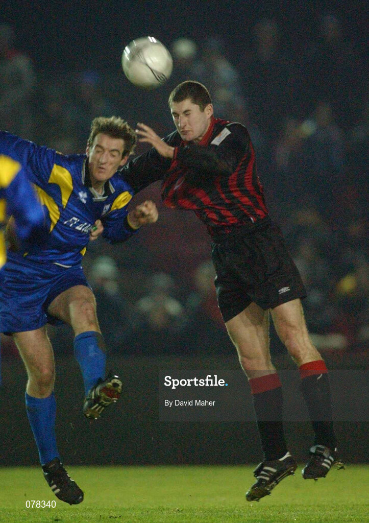 15 December 2001; Fergal Coleman of Longford Town in action against Colin Hawkins of Bohemians during the FAI Carlsberg Cup Second Round match between Longford Town and Bohemians at Flancare Park in Longford. Photo by David Maher/Sportsfile