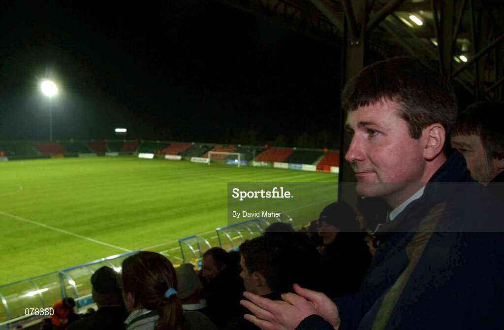 15 December 2001; Bohemians manager and former Longford Town manager Stephen Kenny sits in the stands prior to the FAI Carlsberg Cup Second Round match between Longford Town and Bohemians at Flancare Park in Longford. Photo by David Maher/Sportsfile