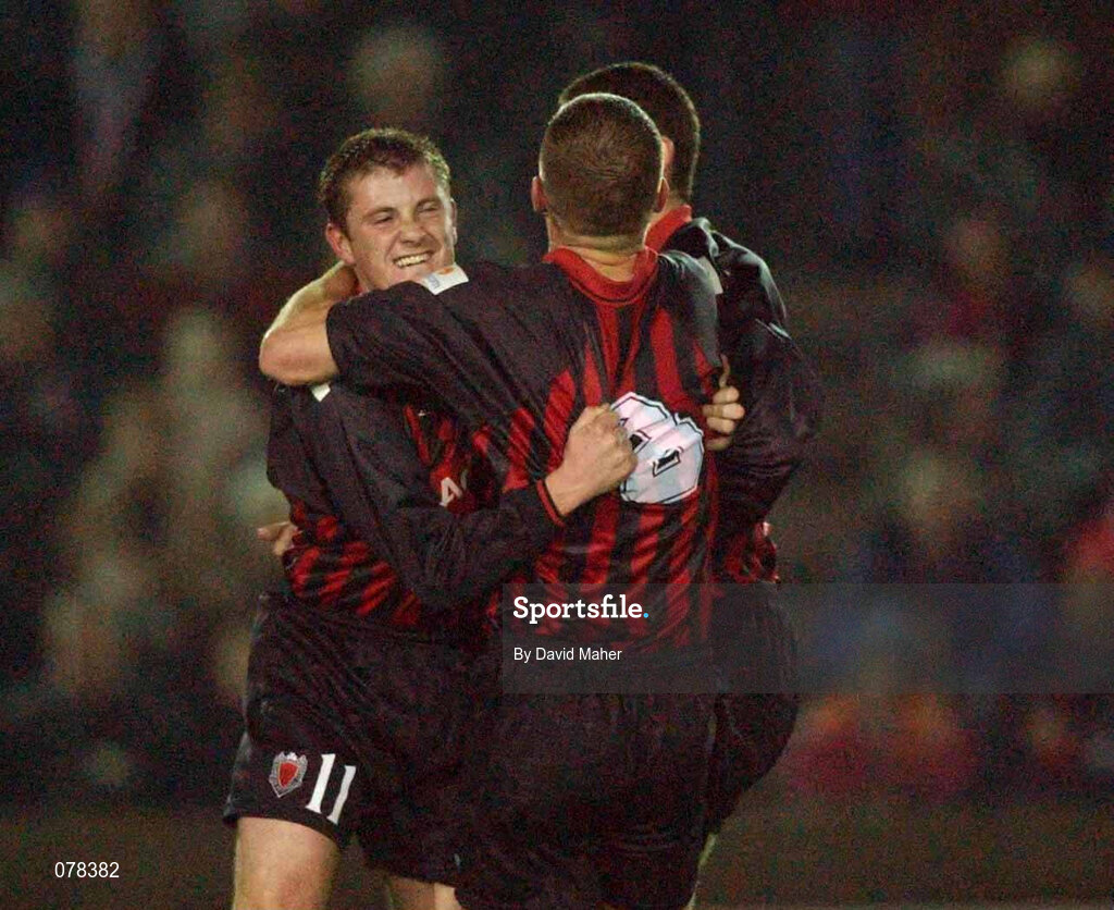 15 December 2001; Tony Folan of Bohemians, left, celebrates after scoring his side's first goal with team-mates Stephen Caffrery and Colin Hawkins during the FAI Carlsberg Cup Second Round match between Longford Town and Bohemians at Flancare Park in Longford. Photo by David Maher/Sportsfile