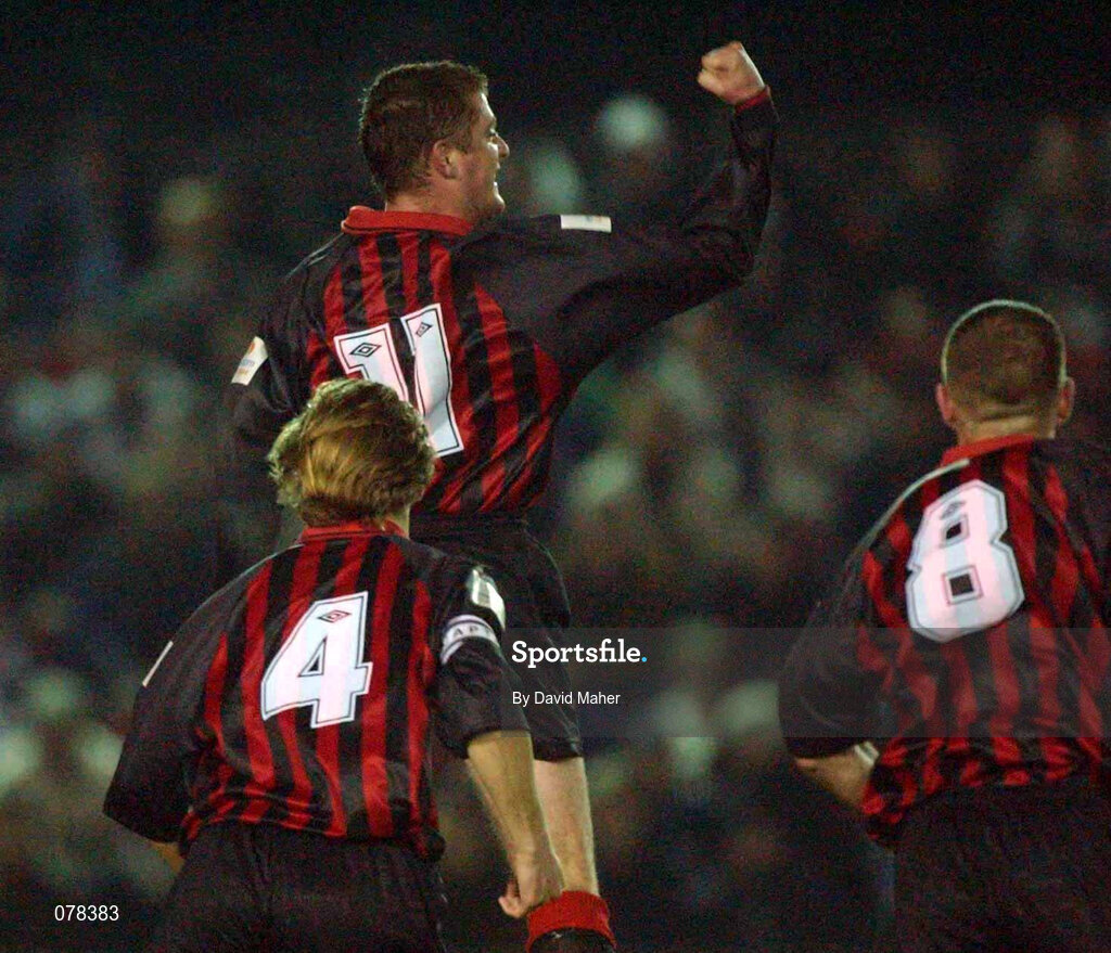 15 December 2001; Tony Folan of Bohemians, centre, celebrates after scoring his side's first goal with team-mates Stephen Caffrery, right, and Kevin Hunt during the FAI Carlsberg Cup Second Round match between Longford Town and Bohemians at Flancare Park in Longford. Photo by David Maher/Sportsfile