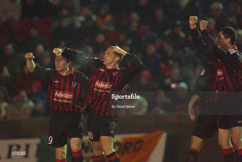 15 December 2001; Glen Crowe of Bohemians, centre, celebrates after scoring his side's third goal with team-mates Trevor Molloy, left, and Colin Hawkins during the FAI Carlsberg Cup Second Round match between Longford Town and Bohemians at Flancare Park in Longford. Photo by David Maher/Sportsfile