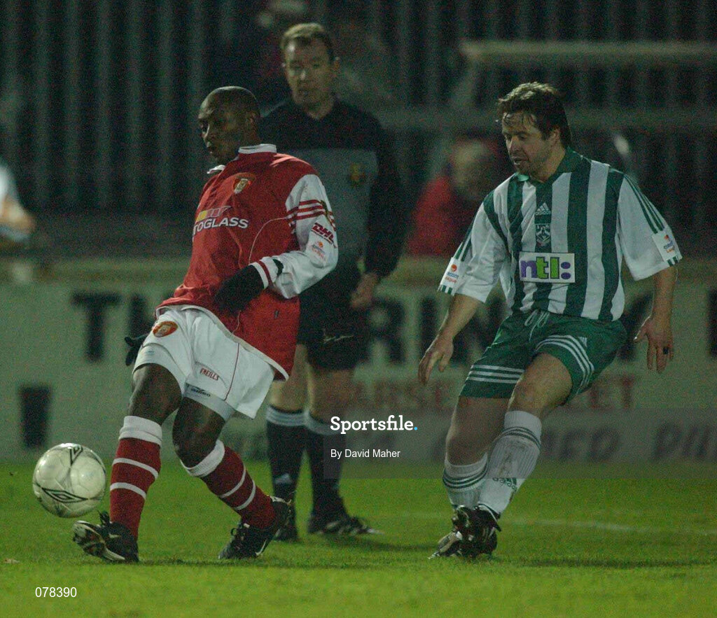 14 December 2001; Charles Mbabazi Livingstone of St Patrick's Athletic in action against Bray Wanderers during the FAI Carlsberg Cup Second Round match between St Patrick's Athletic and Bray Wanderers at Richmond Park in Dublin. Photo by David Maher/Sportsfile