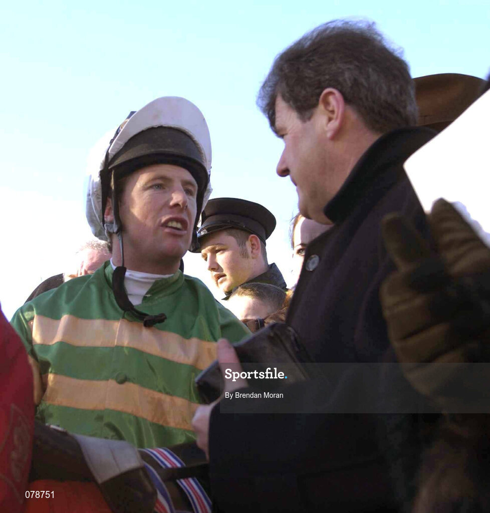 29 December 2001; Jockey Charlie speaks to owner J.P McManus after sending out Istabraq to win the Tote December Festival Hurdle on Day Four of the Leopardstown Christmas Festival at Leopardstown Racecourse in Dublin. Photo by Brendan Moran/Sportsfile