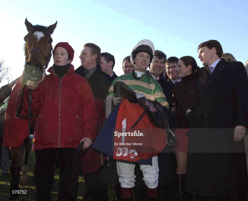 29 December 2001; Winning connections including Jockey Charlie Swan, Owner J.P McManus and Trainer Aidan O'Brien after sending out Istabraq to win the Tote December Festival Hurdle on Day Four of the Leopardstown Christmas Festival at Leopardstown Racecourse in Dublin. Photo by Brendan Moran/Sportsfile