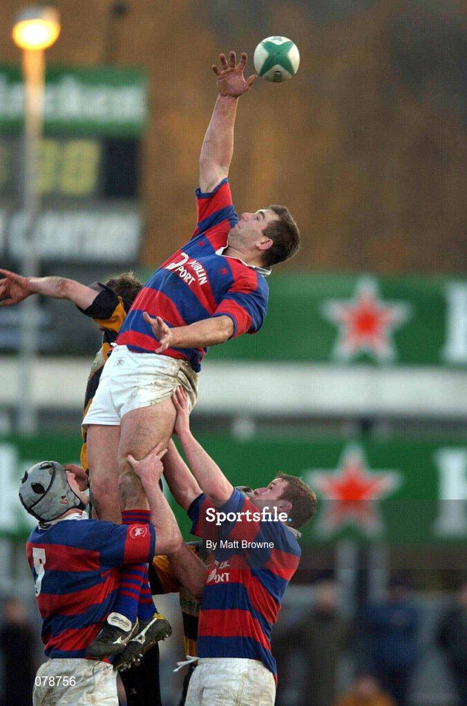 29 December 2001; Donal Sheehan of Clontarf wins possession of a line-out during the Leinster Senior Cup Final match between Clontarf and County Carlow at Donnybrook Stadium in Dublin. Photo by Matt Browne/Sportsfile