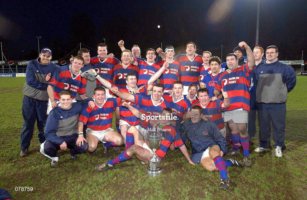 29 December 2001; Clontarf players celebrate following the Leinster Senior Cup Final match between Clontarf and County Carlow at Donnybrook Stadium in Dublin. Photo by Matt Browne/Sportsfile