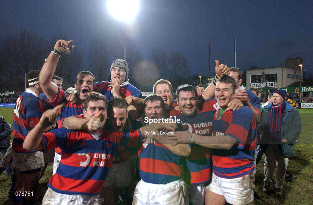 29 December 2001; Clontarf players celebrate following the Leinster Senior Cup Final match between Clontarf and County Carlow at Donnybrook Stadium in Dublin. Photo by Matt Browne/Sportsfile