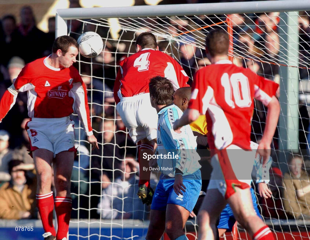 30 December 2001; Derek Coughlan of Cork City heads to score his side's first goal during the eircom League Premier Division match between Cork City and Derry City at Turners Cross in Dublin. Photo by David Maher/Sportsfile