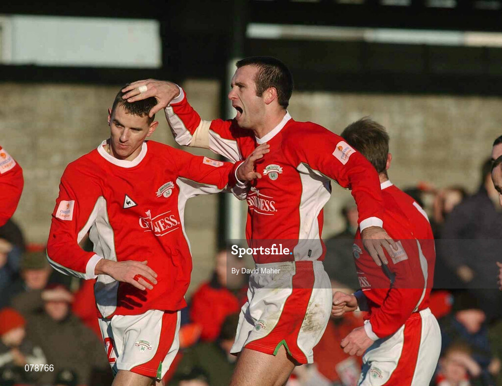 30 December 2001; Derek Coughlan of Cork City, right, celebrates with team-mate Alan Carey, after scoring his side's winning goal during the eircom League Premier Division match between Cork City and Derry City at Turners Cross in Dublin. Photo by David Maher/Sportsfile