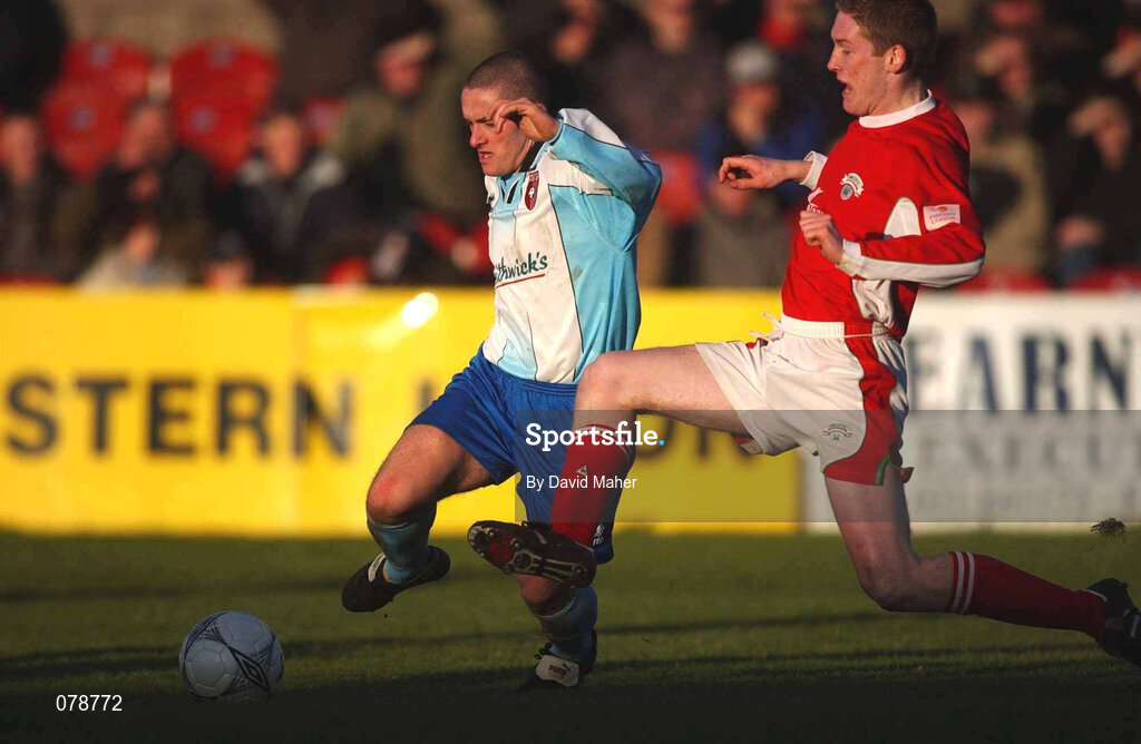 30 December 2001; Tommy McCallion of Derry City in action against Conor O'Grady of Cork City during the eircom League Premier Division match between Cork City and Derry City at Turners Cross in Dublin. Photo by David Maher/Sportsfile