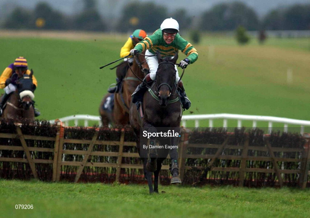 12 January 2002; Ground Ball,with Charlie Swan up, jumps the last on their way to winning The Conway Group Novice Hurdle at Navan Racecourse in Meath. Photo by Damien Eagers/Sportsfile