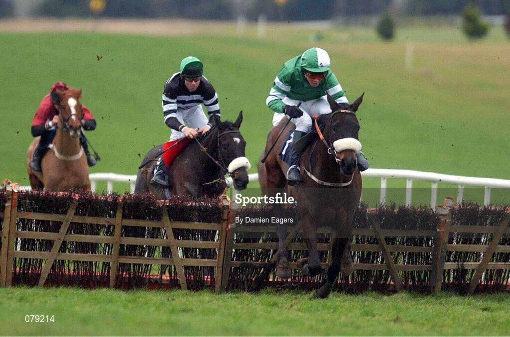 12 January 2002; Bondi Storm, with Ian Power up, jumps the last on their way to winning The Proudstown Handicap Hurdle at Navan Racecourse in Meath. Photo by Damien Eagers/Sportsfile
