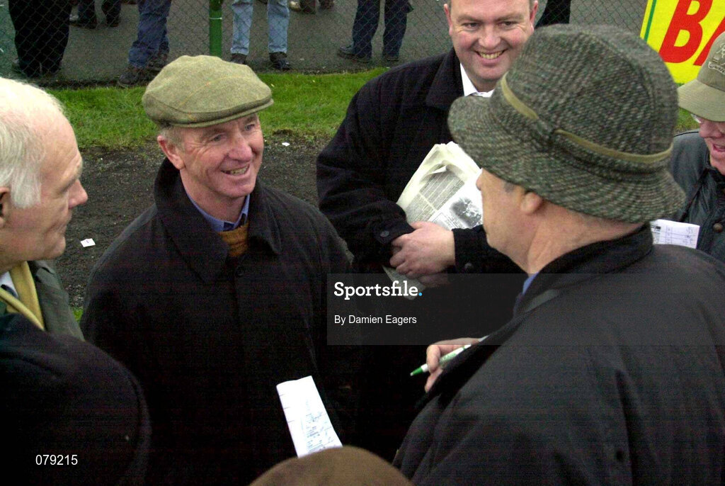 12 January 2002; Trainer Christy Roche speaks to journalists after sending out Youlneverwalkalone to win The European Breeders Fund Beginners Steeplechase at Navan Racecourse in Meath. Photo by Damien Eagers/Sportsfile