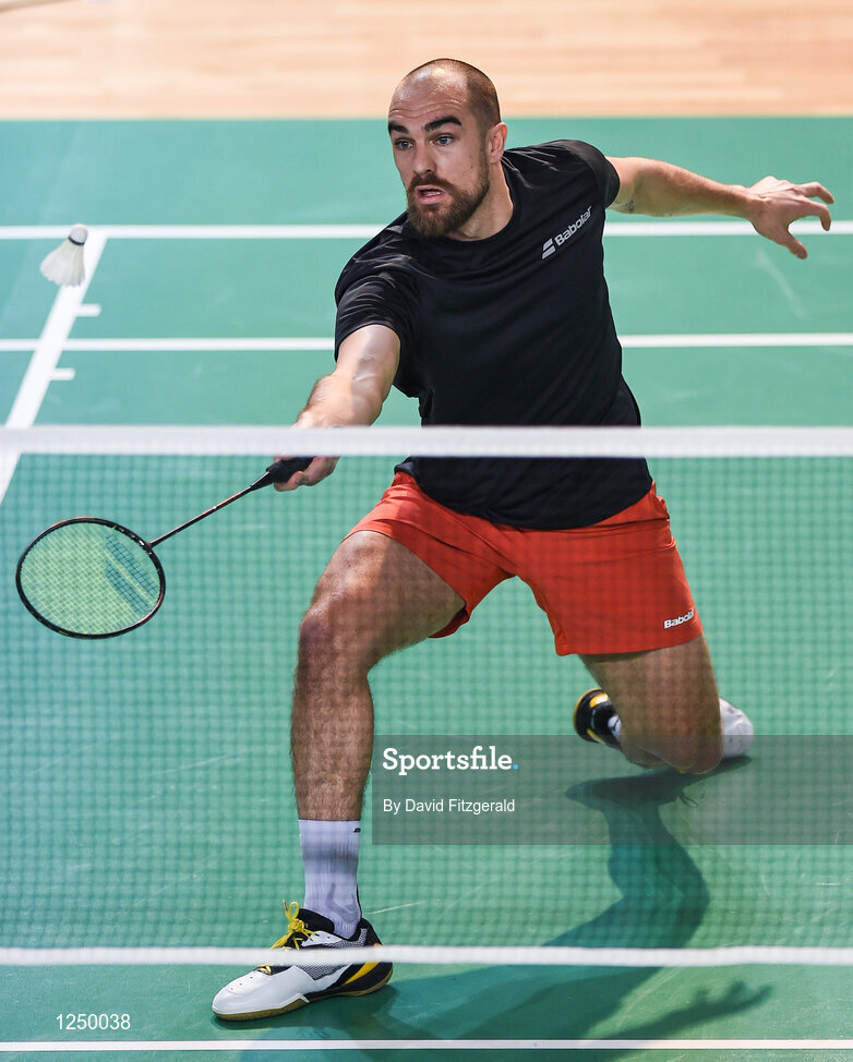 10 December 2016; Scott Evans of Ireland in action against Fabian Roth from Germany during their men's singles final match at the 2016 FZ Forza Irish Open Badmintion Championships at the National Indoor Arena in Abbotstown, Dublin. Photo by David Fitzgerald/Sportsfile