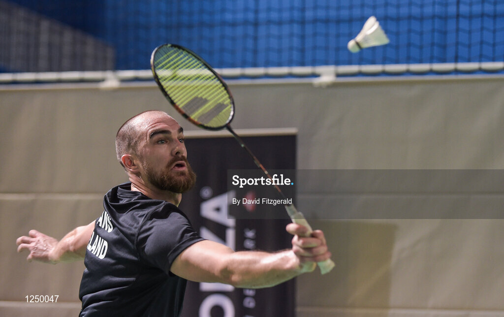 10 December 2016; Scott Evans of Ireland in action against Fabian Roth from Germany during their men's singles final match at the 2016 FZ Forza Irish Open Badmintion Championships at the National Indoor Arena in Abbotstown, Dublin. Photo by David Fitzgerald/Sportsfile