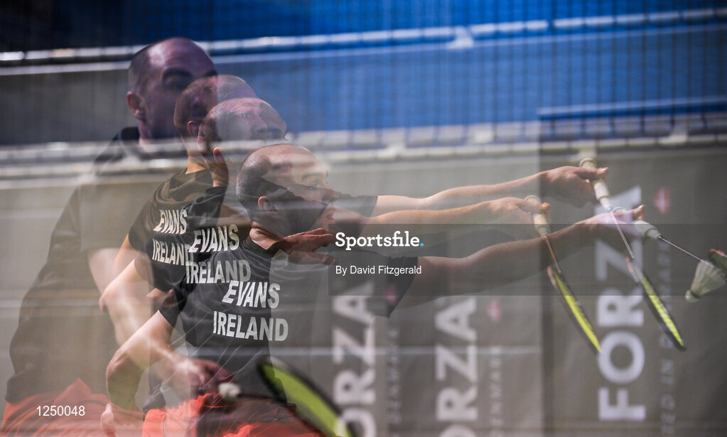 10 December 2016; (Editors note: Picture created using multiple exposure on the camera) Scott Evans of Ireland in action against Fabian Roth from Germany during their men's singles final match at the 2016 FZ Forza Irish Open Badmintion Championships at the National Indoor Arena in Abbotstown, Dublin. Photo by David Fitzgerald/Sportsfile