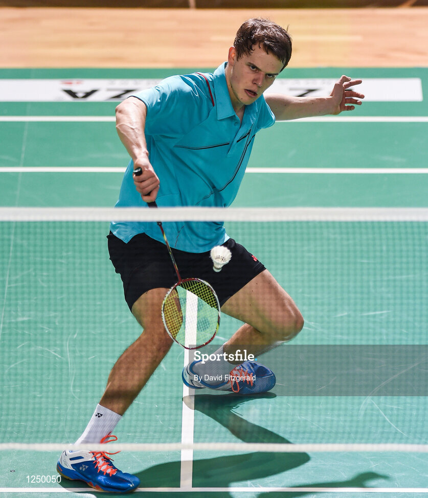 10 December 2016; Fabian Roth from Germany in action against Scott Evans from Ireland during their men's singles final match at the 2016 FZ Forza Irish Open Badmintion Championships at the National Indoor Arena in Abbotstown, Dublin. Photo by David Fitzgerald/Sportsfile