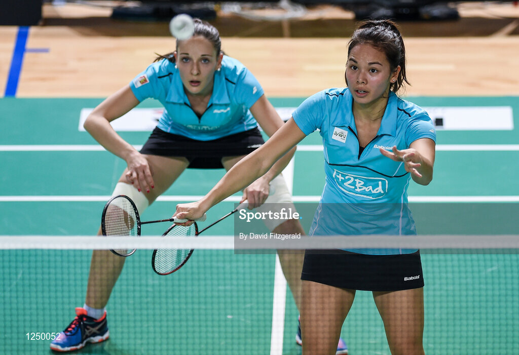 10 December 2016;  Anne Tran, right, and Elimie Lefal of France in action against Julie Finne-Ipsen and Rikke Soby of Denmark during their women's doubles final match at the 2016 FZ Forza Irish Open Badmintion Championships at the National Indoor Arena in Abbotstown, Dublin. Photo by David Fitzgerald/Sportsfile