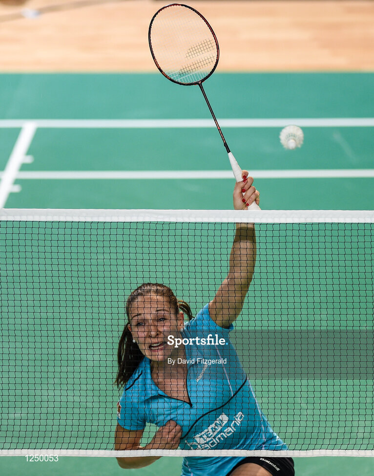 10 December 2016;  Elimie Lefal of France in action against Julie Finne-Ipsen and Rikke Soby of Denmark during their women's doubles final match at the 2016 FZ Forza Irish Open Badmintion Championships at the National Indoor Arena in Abbotstown, Dublin. Photo by David Fitzgerald/Sportsfile