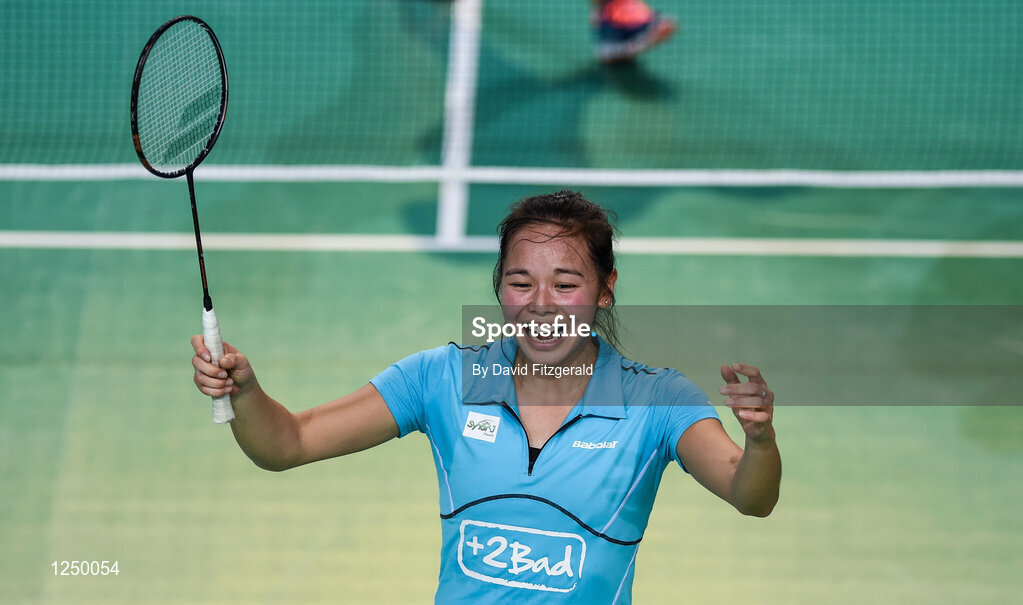 10 December 2016;  Anne Tran of France celebrates after defeating Julie Finne-Ipsen and Rikke Soby of Denmark following their women's doubles final match at the 2016 FZ Forza Irish Open Badmintion Championships at the National Indoor Arena in Abbotstown, Dublin. Photo by David Fitzgerald/Sportsfile