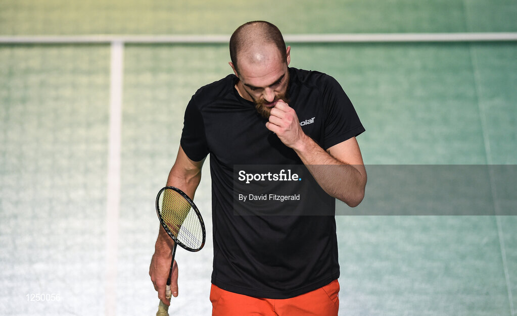 10 December 2016; Scott Evans of Ireland reacts to a missed point during his men's singles final match against Fabian Roth from Germany at the 2016 FZ Forza Irish Open Badmintion Championships at the National Indoor Arena in Abbotstown, Dublin. Photo by David Fitzgerald/Sportsfile
