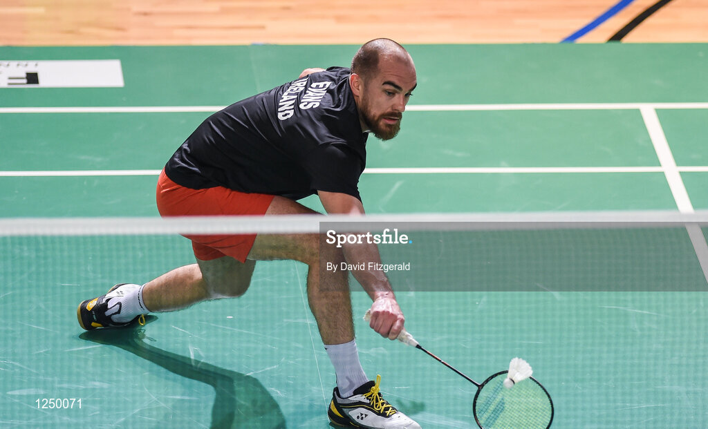 10 December 2016; Scott Evans from Ireland in action against Fabian Roth from Germany during their men's singles final match at the 2016 FZ Forza Irish Open Badmintion Championships at the National Indoor Arena in Abbotstown, Dublin. Photo by David Fitzgerald/Sportsfile