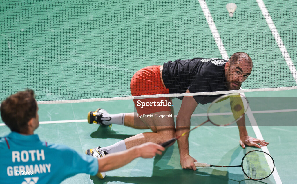 10 December 2016; Scott Evans of Ireland in action against Fabian Roth from Germany during their men's singles final match at the 2016 FZ Forza Irish Open Badmintion Championships at the National Indoor Arena in Abbotstown, Dublin. Photo by David Fitzgerald/Sportsfile