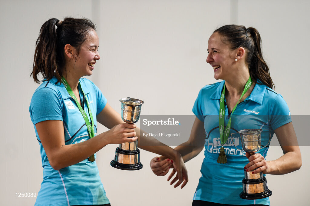 10 December 2016; Anne Tran, left, and Emilie Lefel of France celebrate after defeating Julie Finne-Ipsen and Rikke Soby of Denmark following their women's doubles final match at the 2016 FZ Forza Irish Open Badmintion Championships at the National Indoor Arena in Abbotstown, Dublin. Photo by David Fitzgerald/Sportsfile