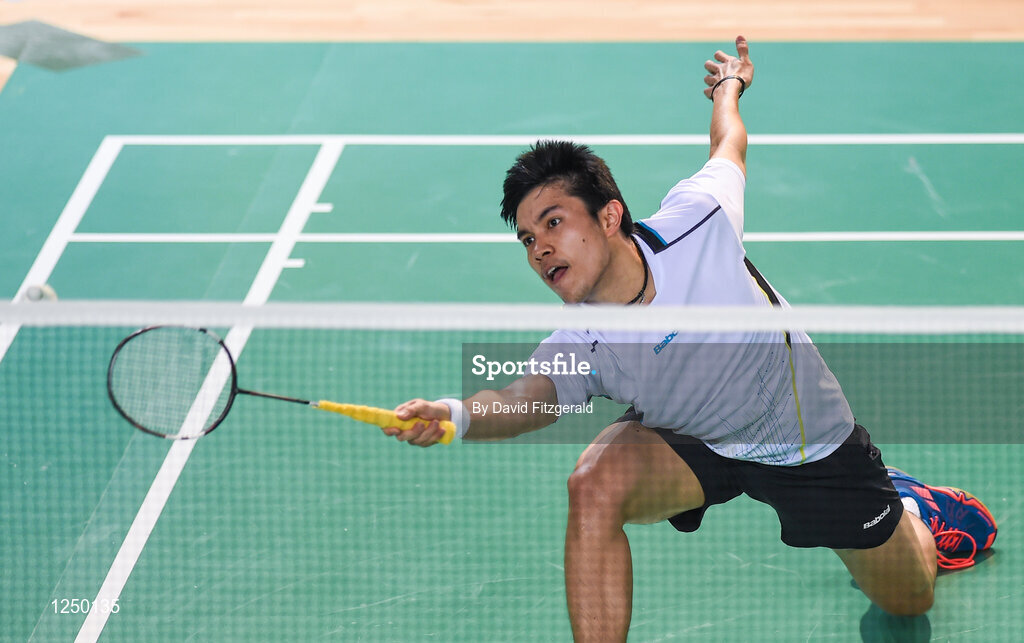 10 December 2016; Jones Ralfy Jansen of Germany in action against Liao Min Chun and Cheng Heng Su of China during their men's doubles final match at the 2016 FZ Forza Irish Open Badmintion Championships at the National Indoor Arena in Abbotstown, Dublin. Photo by David Fitzgerald/Sportsfile