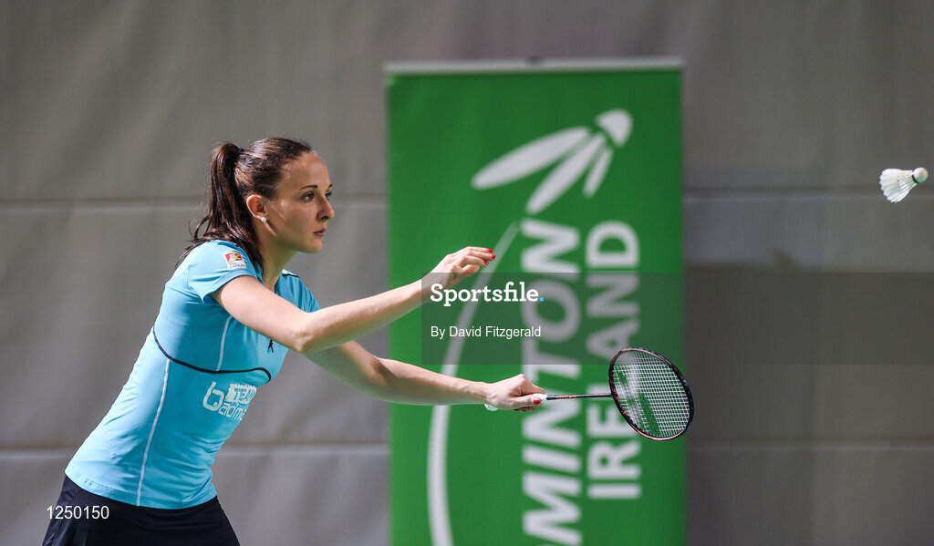 10 December 2016; Elimie Lefal of France in action against Julie Finne-Ipsen and Rikke Soby of Denmark during their women's doubles final match at the 2016 FZ Forza Irish Open Badmintion Championships at the National Indoor Arena in Abbotstown, Dublin. Photo by David Fitzgerald/Sportsfile