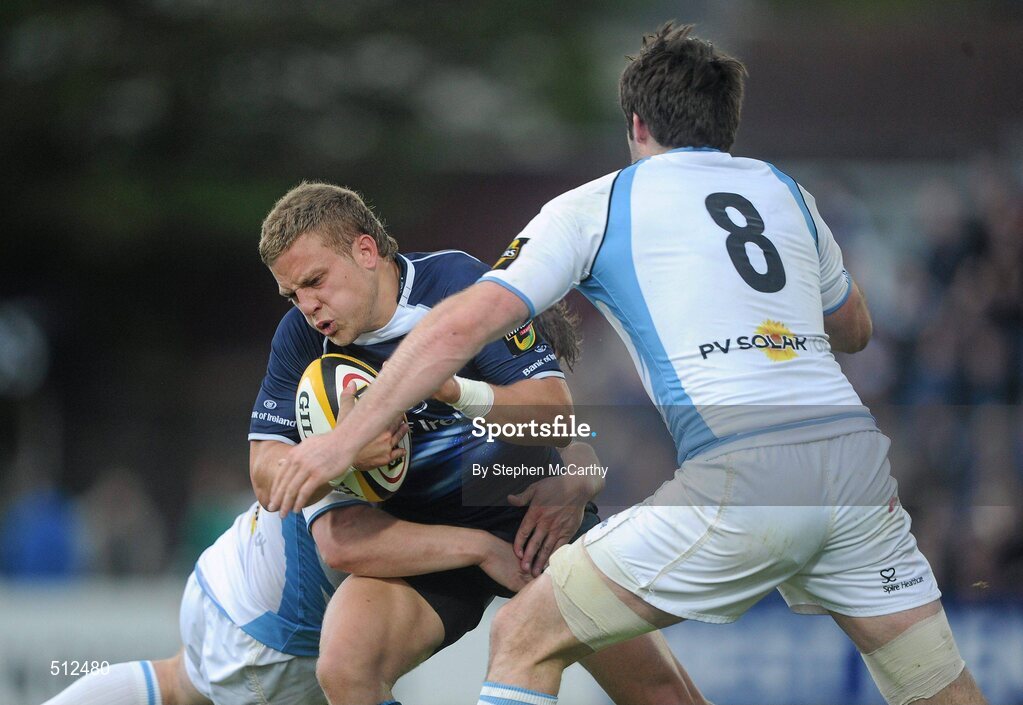6 May 2011; Ian Madigan, Leinster, is tackled by Fergus Thompson, left, and Johnnie Beattie, Glasgow Warriors. Celtic League, Leinster v Glasgow Warriors, RDS, Ballsbridge, Dublin. Picture credit: Stephen McCarthy / SPORTSFILE