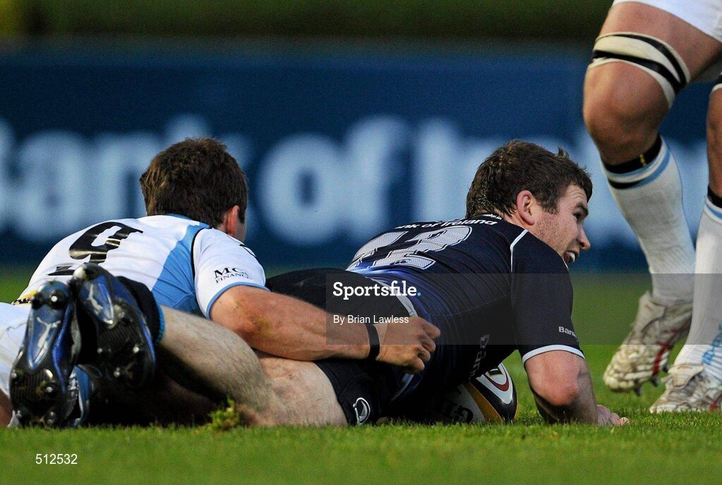 6 May 2011; Gordon D'Arcy, Leinster, goes over to score his side's second try despite Chris Cusiter, Glasgow Warriors. Celtic League, Leinster v Glasgow Warriors, RDS, Ballsbridge, Dublin. Picture credit: Brian Lawless / SPORTSFILE