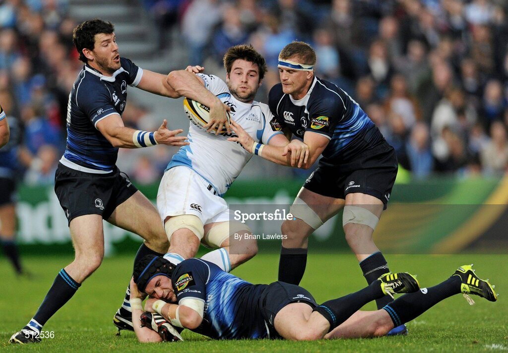 6 May 2011; Johnnie Beattie, Glasgow Warriors, in action against, from left, Shane Horgan, Shane Jennings and Jamie Heaslip, Leinster. Celtic League, Leinster v Glasgow Warriors, RDS, Ballsbridge, Dublin. Picture credit: Brian Lawless / SPORTSFILE