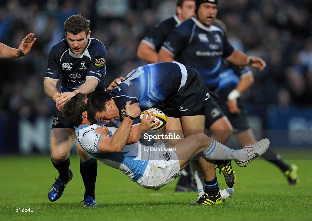 6 May 2011; Eoin O'Malley and Gordon D'Arcy, left, Leinster, in action against Chris Cusiter, Glasgow Warriors. Celtic League, Leinster v Glasgow Warriors, RDS, Ballsbridge, Dublin. Picture credit: Brian Lawless / SPORTSFILE