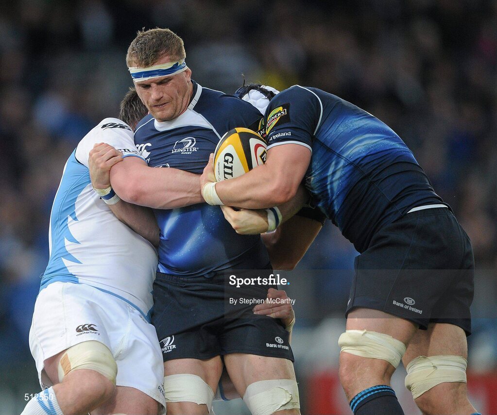 6 May 2011; Jamie Heaslip, Leinster, supported by team-mate Kevin McLaughlin, is tackled by Aly Muldowney, Glasgow Warriors. Celtic League, Leinster v Glasgow Warriors, RDS, Ballsbridge, Dublin. Picture credit: Stephen McCarthy / SPORTSFILE