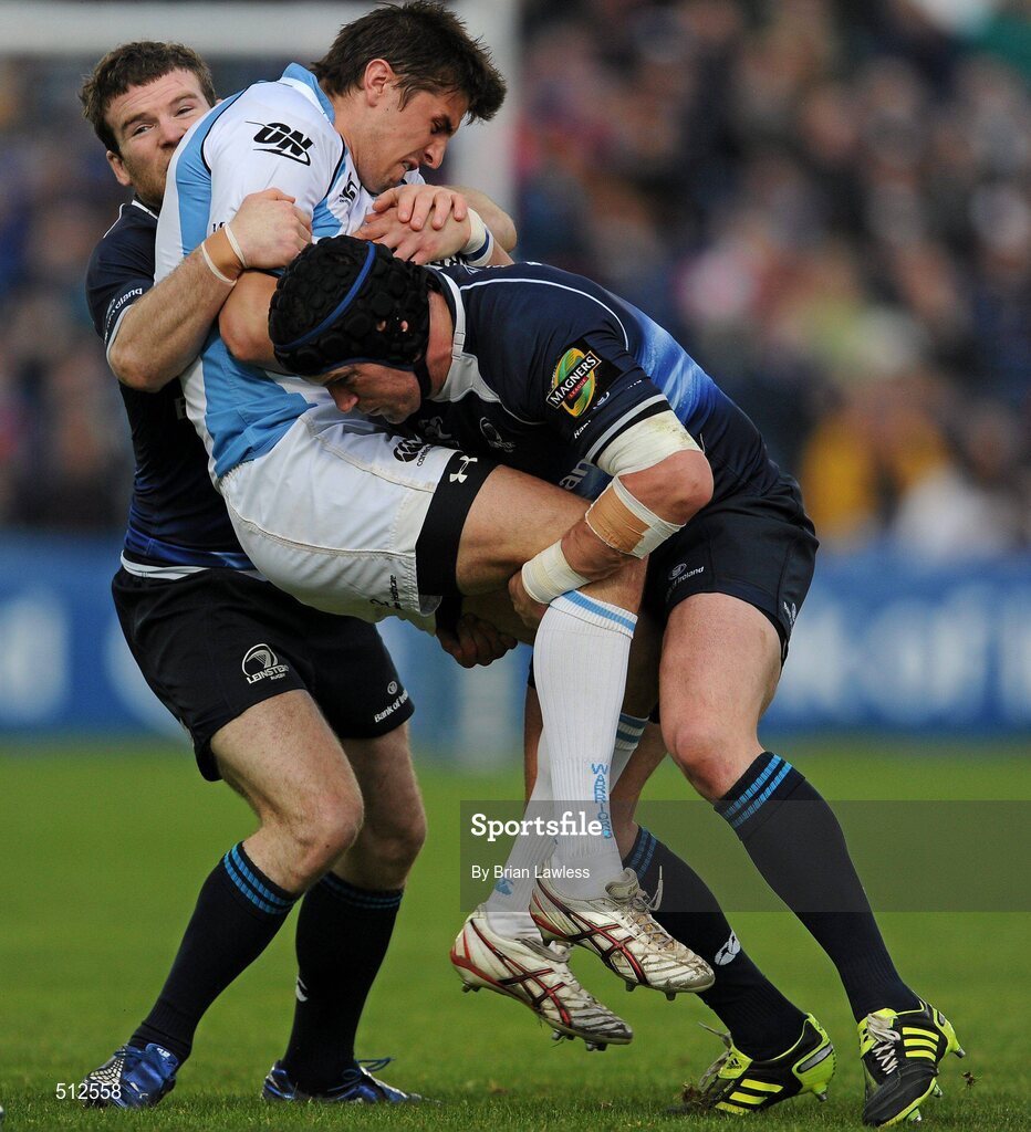 6 May 2011; Peter Murchie, Glasgow Warriors, in action against Gordon D'Arcy, left, and Shane Jennings, Leinster. Celtic League, Leinster v Glasgow Warriors, RDS, Ballsbridge, Dublin. Picture credit: Brian Lawless / SPORTSFILE