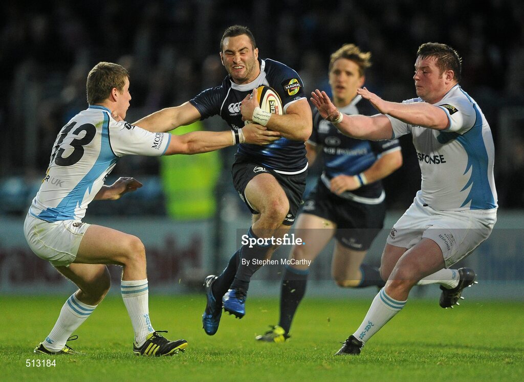 6 May 2011; Dave Kearney, Leinster, supoorted by team-mate Paul O'Donohoe, is tackled by Mark Bennett, left, and Moray Low, Glasgow Warriors. Celtic League, Leinster v Glasgow Warriors, RDS, Ballsbridge, Dublin. Picture credit: Stephen McCarthy / SPORTSFILE