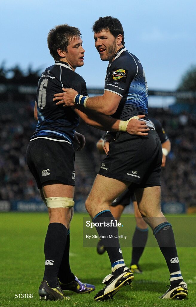 6 May 2011; Shane Horgan, Leinster, is congratulated by team-mate Dominic Ryan, left, after scoring his side's first try. Celtic League, Leinster v Glasgow Warriors, RDS, Ballsbridge, Dublin. Picture credit: Stephen McCarthy / SPORTSFILE