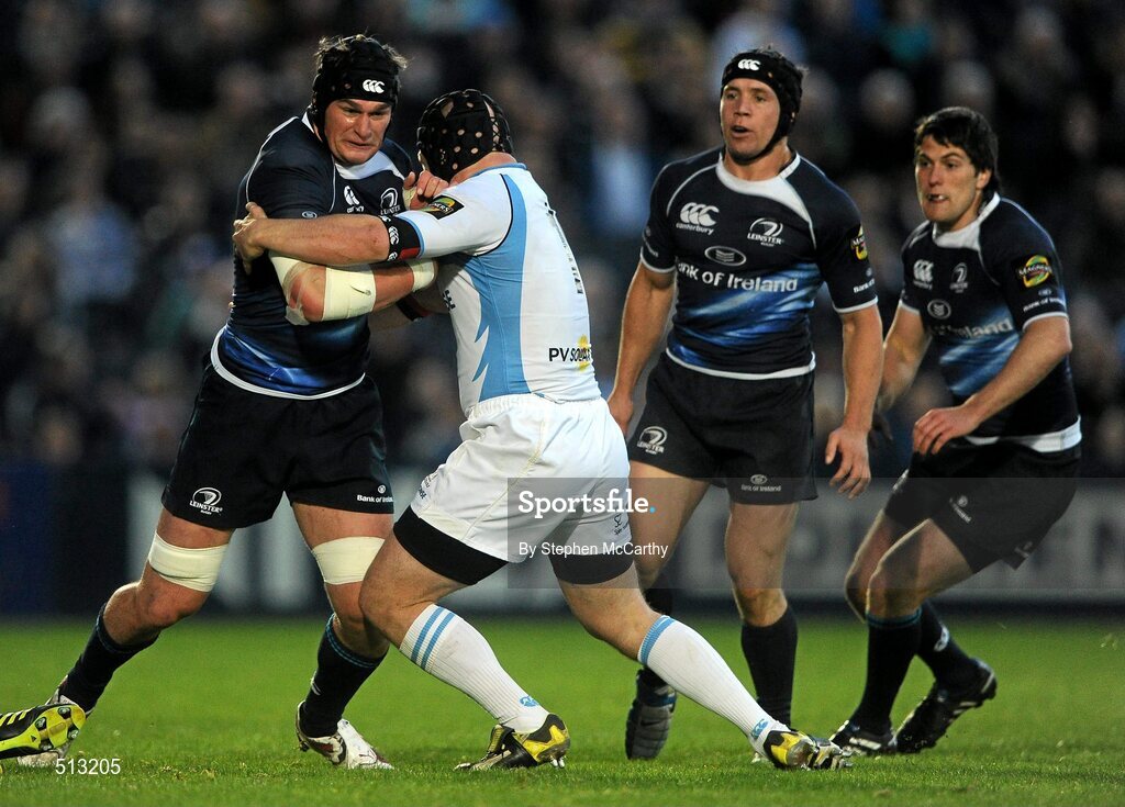 6 May 2011; Rhys Ruddock, Leinster, supported by team-mates Isaac Boss and Paul O'Donohoe, is tackled by Dougie Hall, Glasgow Warriors. Celtic League, Leinster v Glasgow Warriors, RDS, Ballsbridge, Dublin. Picture credit: Stephen McCarthy / SPORTSFILE
