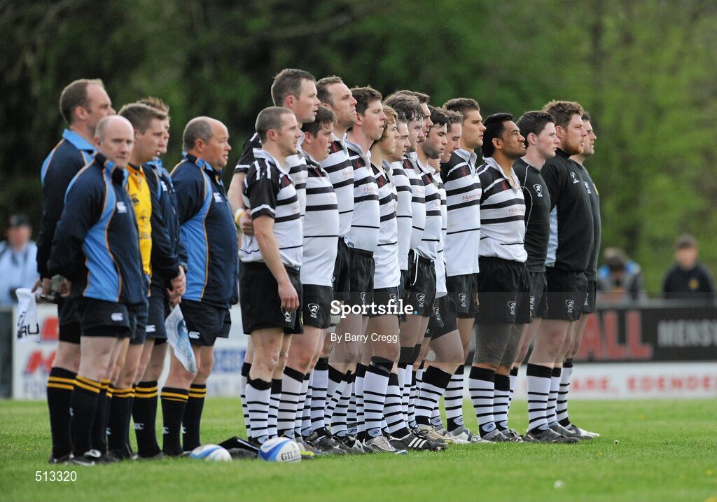 24 April 2011; The Dundalk RFC team stand for the National Anthem before the start of the game. Newstalk Provincial Towns Cup Final, Dundalk RFC v Tullamore RFC, Edenderry RFC, Coolavacoose, Carbury, Co. Kildare. Picture credit: Barry Cregg / SPORTSFILE