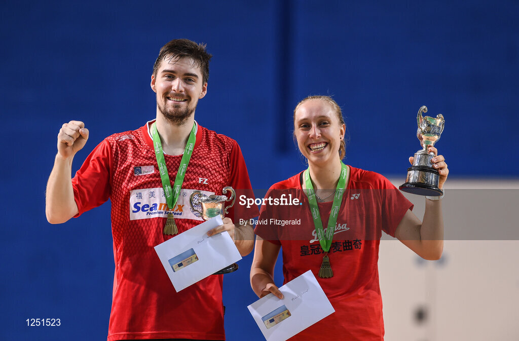 10 December 2016; Mathias Christiansen, left, and Sara Thygesen of Denmark with their trophy after defeating Robin Tabeling and Cheryl Seinen of Netherlands following their mixed doubles final match at the 2016 FZ Forza Irish Open Badmintion Championships at the National Indoor Arena in Abbotstown, Dublin. Photo by David Fitzgerald/Sportsfile