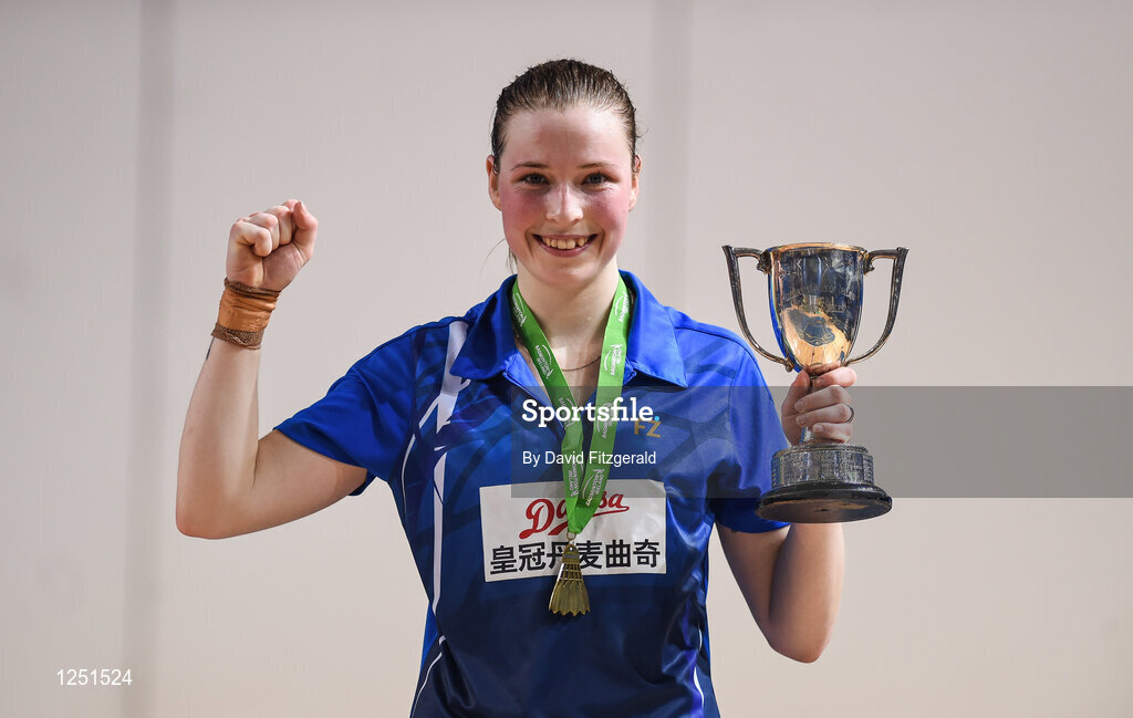 10 December 2016; Line Kjaersfeldt of Denmark with her trophy after defeating Shuo Yun Sung of China following their women's singles final match at the 2016 FZ Forza Irish Open Badmintion Championships at the National Indoor Arena in Abbotstown, Dublin. Photo by David Fitzgerald/Sportsfile