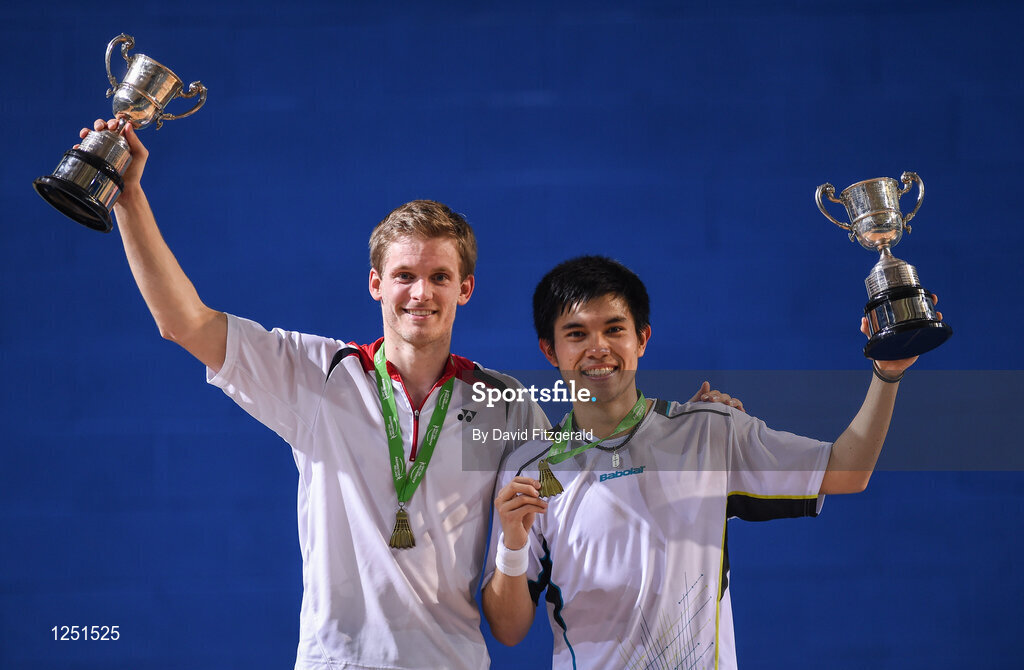 10 December 2016; Josche Zurwonne, left, and Jones Ralfy Jansen of Germany with their trophies after defeating Liao Min Chun and Cheng Heng Su of China following their men's doubles final match at the 2016 FZ Forza Irish Open Badmintion Championships at the National Indoor Arena in Abbotstown, Dublin. Photo by David Fitzgerald/Sportsfile