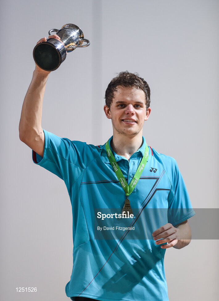 10 December 2016; Fabian Roth of Germany with his trophy following victory over Scott Evans of Ireland in their men's singles final match at the 2016 FZ Forza Irish Open Badmintion Championships at the National Indoor Arena in Abbotstown, Dublin. Photo by David Fitzgerald/Sportsfile