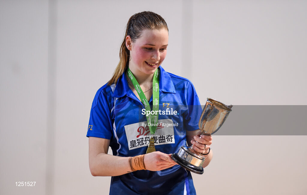 10 December 2016; Line Kjaersfeldt of Denmark with her trophy after defeating Shuo Yun Sung of China following their women's singles final match at the 2016 FZ Forza Irish Open Badmintion Championships at the National Indoor Arena in Abbotstown, Dublin. Photo by David Fitzgerald/Sportsfile